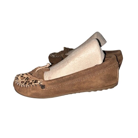 Minnetonka Womens Brown Suede Moccasins With Leopard Print Accent Size 9 - Picture 2 of 13